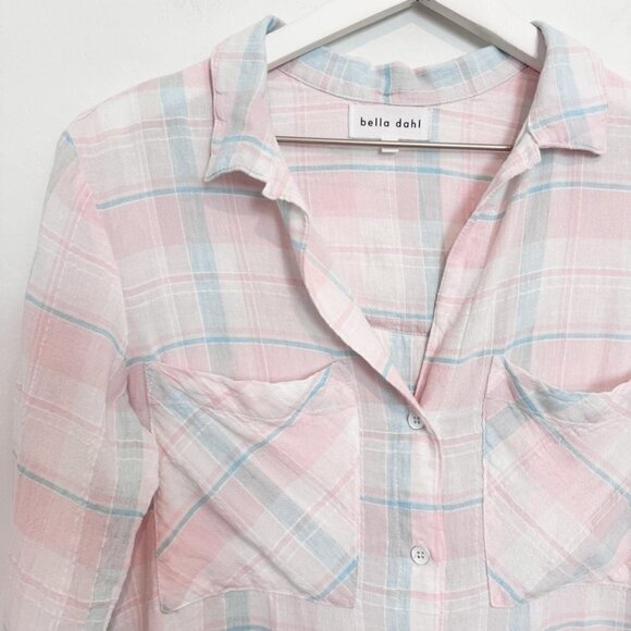 Bella Dahl Linen Blend Two Pocket Fray Hem Button Front Shirt Pink Blue Size XS - Picture 2 of 7